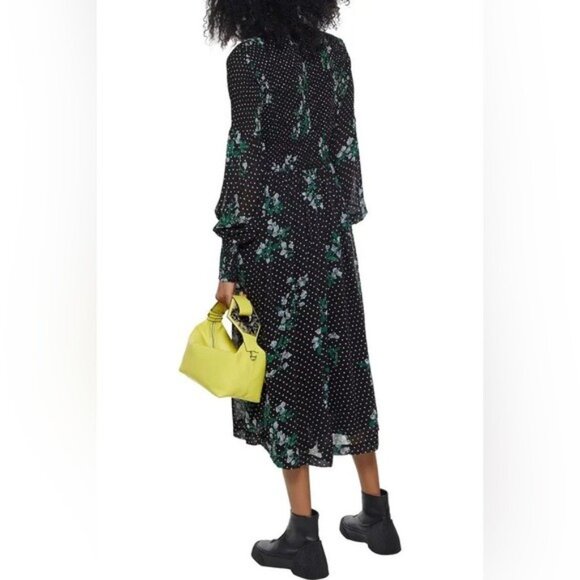 GANNI The Vikki Shirred‎ Printed Chiffon Midi Dress with Pockets - Black - Picture 2 of 12